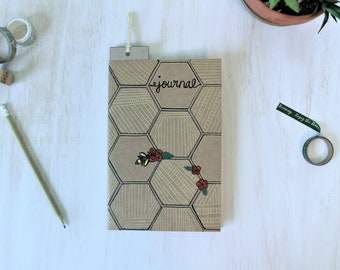 Handpainted Kraft Journal - Bee and Honeycomb - Lined Daily Journal - Gifts Under 20 - Blank Notebook - Bee and Flower Art - Note Pad