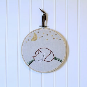 Woodland Nursery Decor Hand Embroidered Hoop Fox Embroidery Hoop Children's room decor sleeping fox art Unique Baby Shower Gift image 1