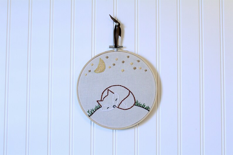 Woodland Nursery Decor Hand Embroidered Hoop Fox Embroidery Hoop Children's room decor sleeping fox art Unique Baby Shower Gift image 1