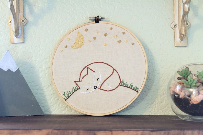 Woodland Nursery Decor Hand Embroidered Hoop Fox Embroidery Hoop Children's room decor sleeping fox art Unique Baby Shower Gift image 3