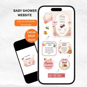 Może przedstawiać: Dwa smartfony wyświetlające szablon strony internetowej na baby shower z motywem pszczół. Ekrany zawierają różowe i kremowe grafiki, w tym zaproszenie, kartę loterii pieluszkowej, prośbę o książkę oraz przycisk RSVP, ozdobione pszczołami.