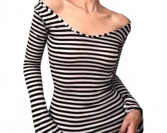 Black and cream off-shoulder long sleeve top