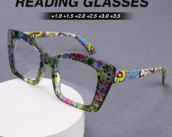Vibrant Floral Chunky Square Reading Glasses, Boho Flower Print Statement Readers, Trendy Retro Womens Fashion Magnifying Eyewear Gift