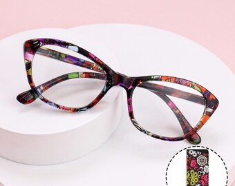 Retro Floral Cat Eye Reading Glasses with Matching Pouch