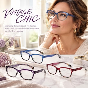 May include: Three pairs of cat-eye glasses featuring sparkling rhinestone accents on the outer corners and floral patterned inner temples. The frames are available in blue, purple, and red, each with clear lenses and a lightweight plastic construction.