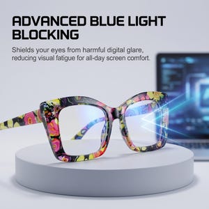 May include: Blue light blocking glasses with a vibrant, multi-colored floral pattern on the frames. The text ADVANCED BLUE LIGHT BLOCKING and Shields your eyes from harmful digital glare, reducing visual fatigue for all-day screen comfort is visible.