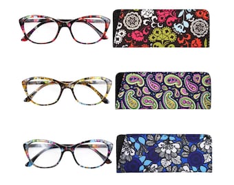 Womens Floral Cat Eye Reading Glasses | Retro Liberty London Style Blue Flower Eyewear with Matching Floral Fabric Pouch