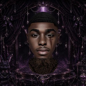 May include: A digital portrait of a person with a short dark hairstyle, a thin mustache, and a distinct scar mark under the left eye. The person is positioned centrally against a dark, ornate purple background featuring gothic arches, candles, and a small black rabbit figure.