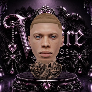May include: A digital avatar head featuring light brown hair, light blue eyes, and freckles. The neck area displays a detailed black and grey tattoo depicting theatrical comedy and tragedy masks, playing cards, and dice on a circular platform.