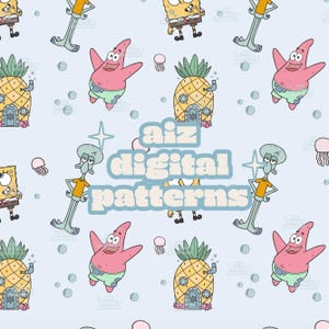 Puede incluir: Patrón digital azul claro con personajes de dibujos animados, incluyendo una esponja amarilla, una estrella de mar rosa y un calamar verde. El patrón también incluye casas de piña, medusas y burbujas. El texto "aiz digital patterns".