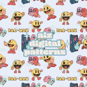 Puede incluir: Un patrón digital azul claro con personajes de Pac-Man, fantasmas y máquinas recreativas. También se ve el texto "PAC-MAN" y "aiz digital patterns". El diseño tiene un tema de videojuego retro.