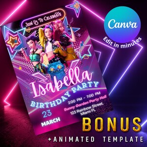 Può includere: Un invito a una festa vibrante con un design al neon. L'invito presenta tre personaggi animati, il nome "Isabella" e il testo "Birthday Party". La data è il 23 marzo, con i dettagli dell'ora e del luogo inclusi.