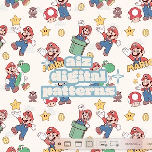 May include: A digital pattern featuring cartoon characters Mario and Yoshi, along with coins, stars, mushrooms, and Goombas. The characters are in various poses, set against a cream background. The text "MARIAIZ digital patterns" is also present.