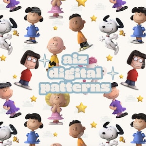 Puede incluir: Un patrón digital con personajes de dibujos animados, incluyendo a Snoopy, Charlie Brown y Lucy, en varias poses. Los personajes están sobre un fondo blanco con estrellas doradas y el texto "aiz digital patterns".