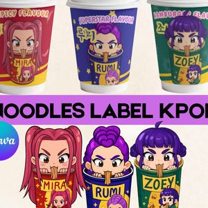 以下が含まれることがあります： スパイシー、スーパースター、ハンバーグの3種類のフレーバーの、K-POPをテーマにしたカラフルなヌードルカップ。各カップには漫画のキャラクターと、Mira、Rumi、Zoeyの名前が描かれています。「NOODLES LABEL KPOP」の文字が表示されています。