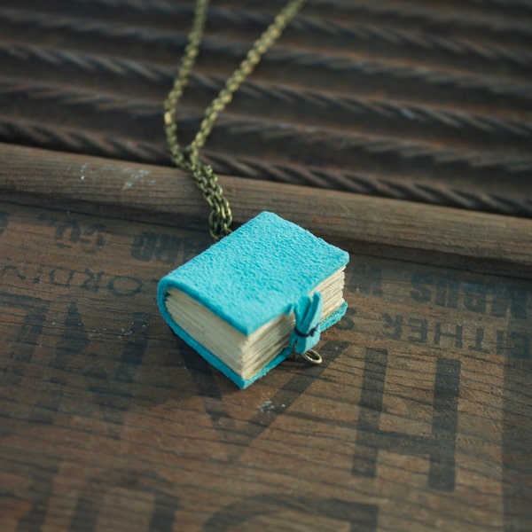 Mini Book Charm Necklace for book lover teacher librarian English major-Minimalistic tiny aqua suede leather book pendant with latch closure