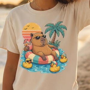Retro Capybara Floating on Tube T-shirt | Vintage Summer Pool Vibes