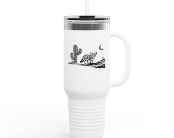 Desert Fox Under the Moon 40oz Travel Mug | Cactus Fox Moon Stainless Tumbler