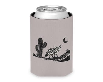 Desert Fennec Fox Under the Moon Koozie | Can Cooler, Southwestern Cactus Design