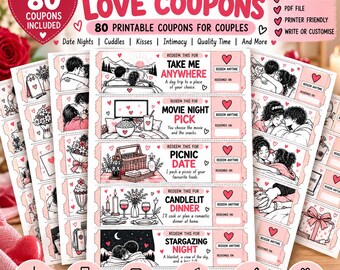 80 coupon di coppia riscattabili, coupon romantici per coppie, regalo di anniversario stampabile, regalo per una serata romantica per fidanzato o fidanzata