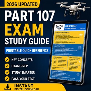 May include: A 2026 updated Part 107 exam study guide and printable quick reference sheet. The document features a white drone at the top and sections covering remote pilot requirements, pre-flight checklists, airspace classes, and weather minimums.