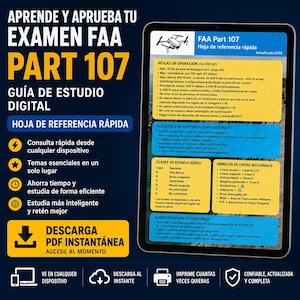 Peut inclure: Un guide d'étude numérique pour l'examen FAA Part 107 affiché sur un écran de tablette. Le guide présente une fiche de référence rapide avec les règles d'utilisation des drones, les exigences de certification et les classes d'espace aérien.