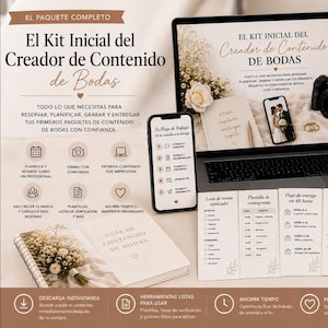 May include: A digital wedding content creator starter kit featuring a laptop displaying a guide, a smartphone showing a workflow, and printed checklists. The text includes El Kit Inicial del Creador de Contenido de Bodas and various planning steps.