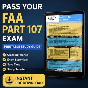 Può includere: Un tablet digitale mostra una guida allo studio stampabile FAA Part 107. Lo schermo presenta sezioni gialle e blu con testo, un'icona di un drone e il titolo FAA Part 107 Cheat Sheet. Lo sfondo è blu scuro con testo bianco.