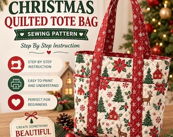 Christmas Quilted Tote Bag Sewing Pattern PDF, Holiday Shoulder Bag with Exterior Pockets Digital Download Instructions