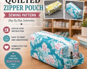 PDF Zipper Pouch Sewing Pattern, Boxed Makeup Bag Pattern with Handle, Cosmetic Travel Organizer