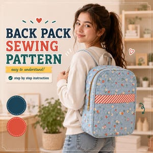 May include: A light blue backpack with a floral pattern and a red and white striped accent. The backpack has a gold zipper and is being worn by a person. Text on the image reads "BACK PACK SEWING PATTERN" and "easy to understand!"