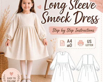 Girls Smock Dress Sewing Pattern | Long Sleeve, High Waist, Sizes 2-16 (PDF Download)