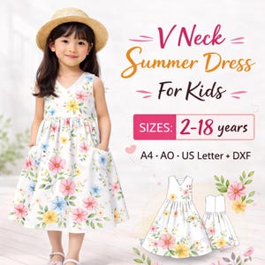 Molde para vestido infantil em PDF, vestido midi de verão com decote em V, molde para vestido de bebê, tamanhos A4, A0 e Carta (EUA), para crianças de 2 a 18 anos.