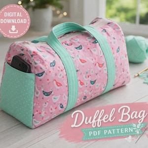 May include: Pink duffel bag with a chicken pattern and mint green accents. The bag has a pocket with a phone inside. The handles and side pocket are mint green. The text "Duffel Bag PDF Pattern" is visible.