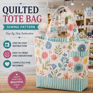 Op de afbeelding: Een gewatteerde tote bag met een bloemenpatroon in roze, blauw en geel. De tas heeft een gestreepte bodem en een zak. De tekst op de afbeelding luidt "Quilted Tote Bag Sewing Pattern".