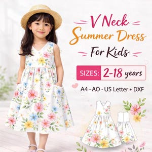 Peut inclure: Une robe d'été sans manches à col en V blanche avec un motif floral coloré composé de fleurs roses, jaunes et bleues et de feuilles vertes. La robe comprend deux poches avant et est présentée avec le texte V Neck Summer Dress For Kids.