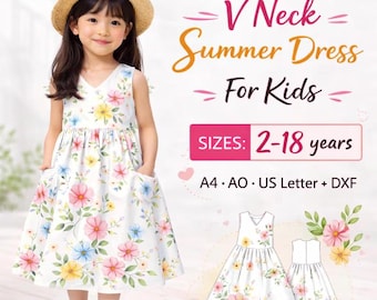 Girls V Neck Summer Dress Sewing Pattern PDF, Toddler to Teen Dress Pattern, Kids A-Line Dress Sew Pattern, Size 2-18 Years