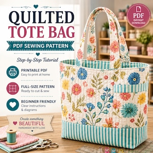 Quilted Tote Bag Sewing Pattern PDF, Boho Patchwork Market Bag, Floral Tote Bag Pattern, Beginner Sewing Pattern, Digital Download