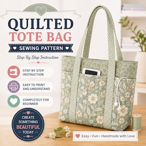 May include: A quilted tote bag sewing pattern featuring text that reads QUILTED TOTE BAG SEWING PATTERN, Step By Step Instruction, and other descriptive phrases. The bag is sage green with a floral print, vertical quilting, and two handles.
