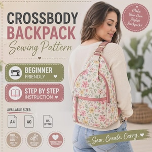 May include: A crossbody backpack sewing pattern featuring a floral print with pink and yellow flowers on a cream background. The pattern includes text for beginner friendly, step by step instruction, and available sizes A4, A0, and US letter.