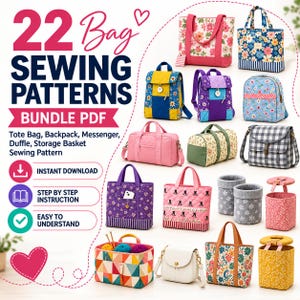 Puede incluir: Una colección digital de 22 patrones de costura de bolsos en formato PDF, que incluye varios diseños como bolsos de mano, mochilas, bolsos de mensajero, bolsas de deporte y cestas de almacenamiento. La imagen muestra varios bolsos de tela coloridos.