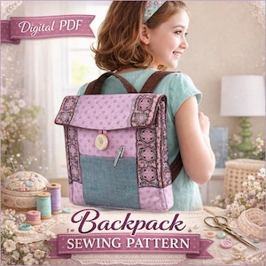 以下が含まれることがあります： ボタン留め、フロントポケットにペン、茶色のストラップが付いた手作りのバックパック。 バックパックは、紫とティールの色合いのフローラルパターンが特徴です。 「Digital PDF」と「Backpack Sewing Pattern」という言葉が表示されます。
