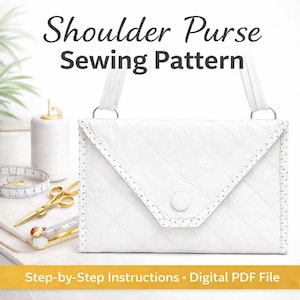 May include: White quilted shoulder purse sewing pattern with a flap closure and a button. The image includes a spool of thread, measuring tape, scissors, and a seam ripper. Text reads "Shoulder Purse Sewing Pattern" and "Step-by-Step Instructions • Digital PDF File."