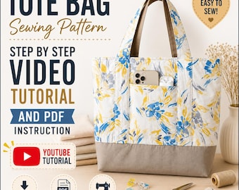 Beginner Tote Bag Sewing Pattern PDF | Modern Canvas Floral Bag Pattern with Pockets & Zipper Collar | Easy Step-by-Step PDF and Video