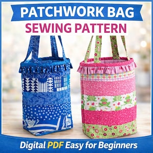 May include: Two patchwork bags with handles. One is blue with white patterns, the other is pink with hearts and frogs. The text at the top says "PATCHWORK BAG SEWING PATTERN". The text at the bottom says "Digital PDF Easy for Beginners".