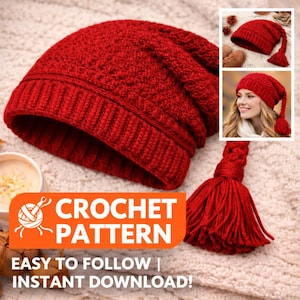 May include: A vibrant red crochet hat with a textured design and a long tassel. The hat is displayed on a soft, textured surface. The image also includes the text "CROCHET PATTERN" and "EASY TO FOLLOW | INSTANT DOWNLOAD!"