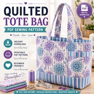 Mönster för quiltad tygväska i PDF-format | Boho blommig lapptäcke i axelväska | Nybörjarvänlig tygväska | Direkt digital nedladdning