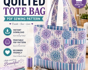 Quilted Tote Bag Sewing Pattern PDF | Boho Floral Patchwork Shoulder Bag | Beginner Friendly Market Tote | Instant Digital Download