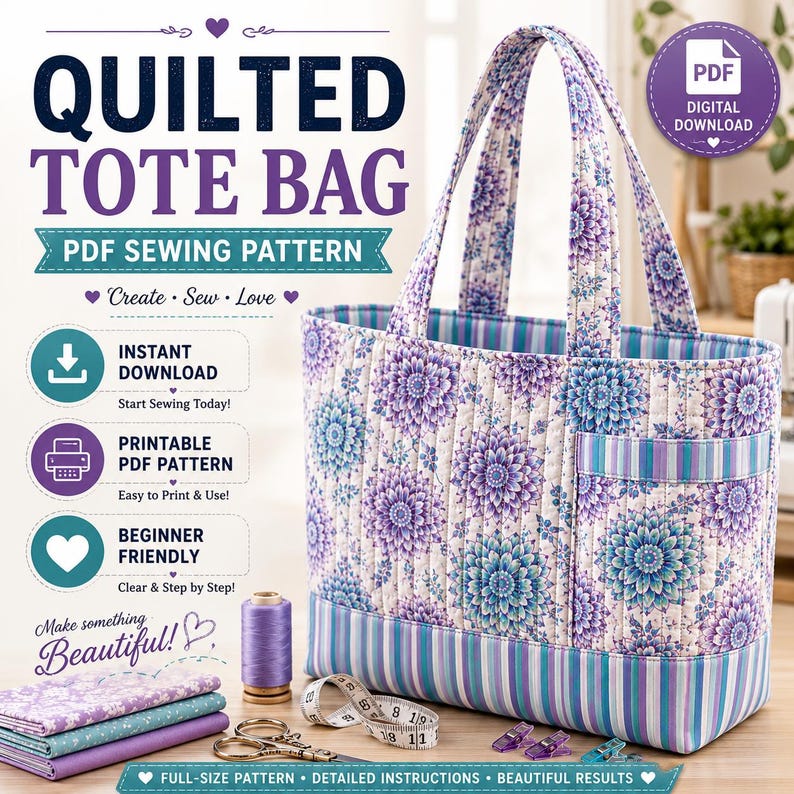 Quilted Tote Bag Sewing Pattern PDF | Boho Floral Patchwork Shoulder ...