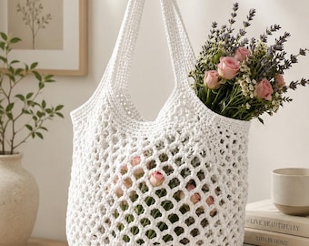 Crochet Mesh Market Bag Pattern | French Market Tote PDF| Expandable Net Beach Bag Pattern